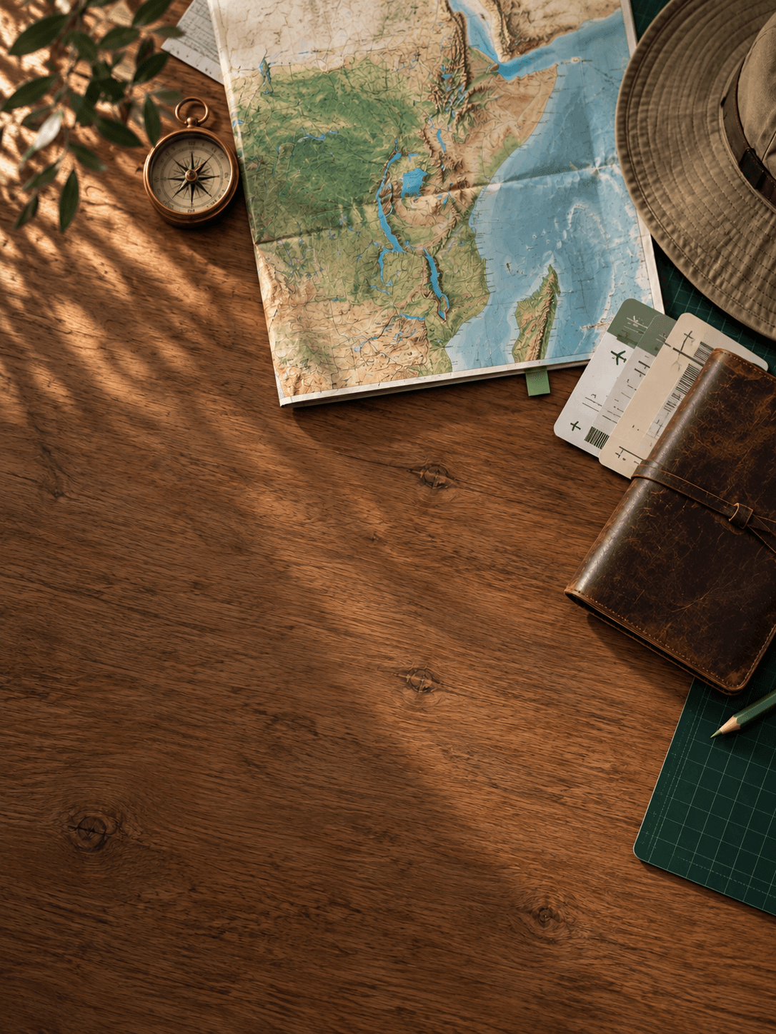 Mesa de una agencia de viajes con mapa, brújula y documentación de reserva