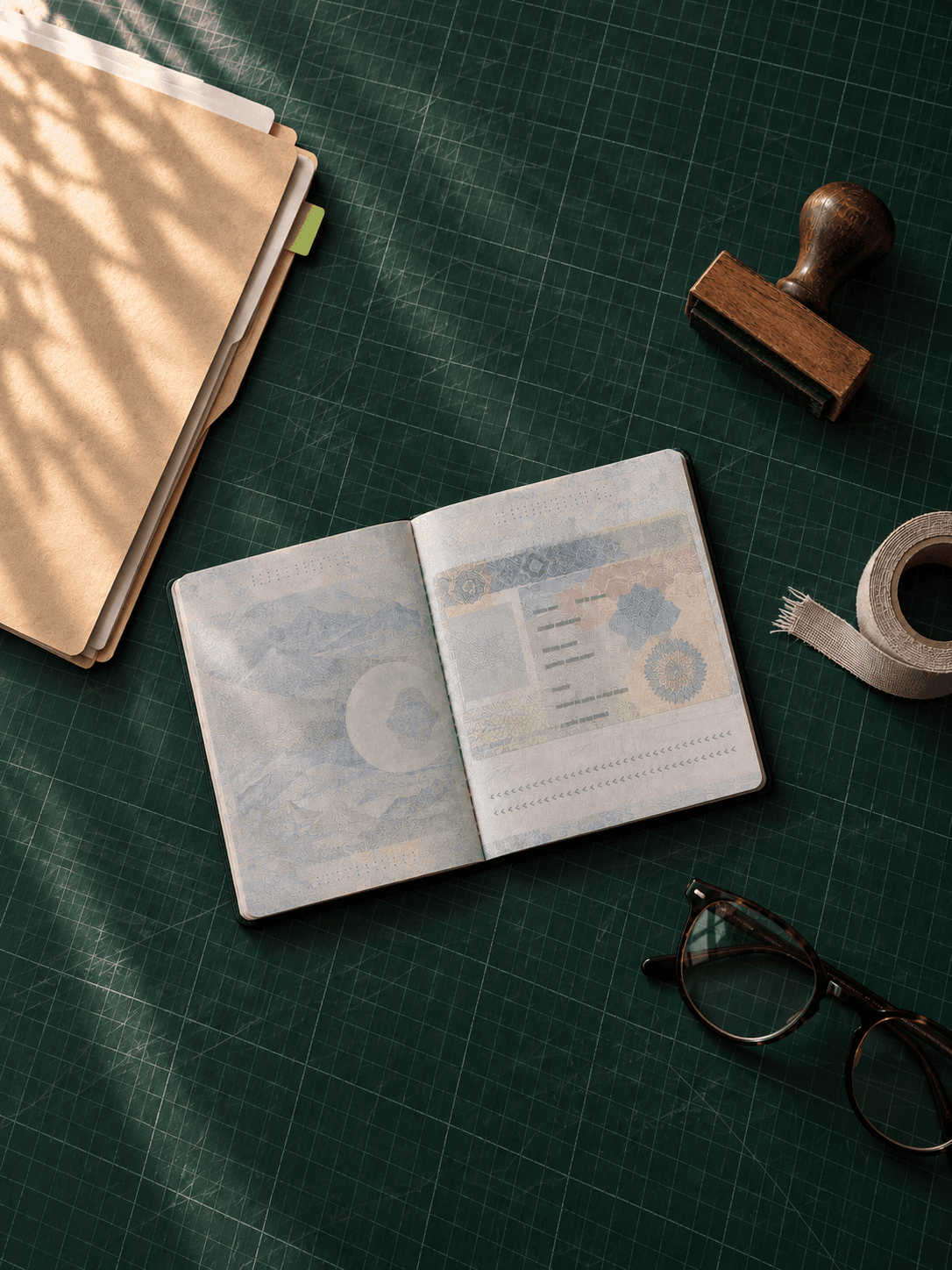 Mesa de tramitación con pasaporte abierto, sello y documentación de visado